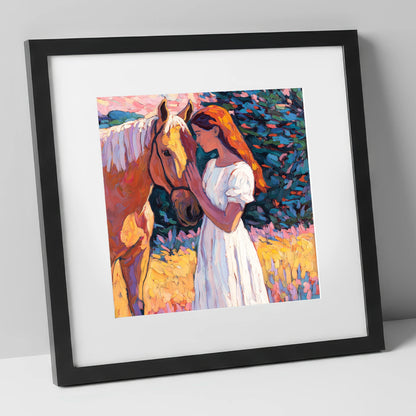 A Quiet Connection horse & rider art print in black frame