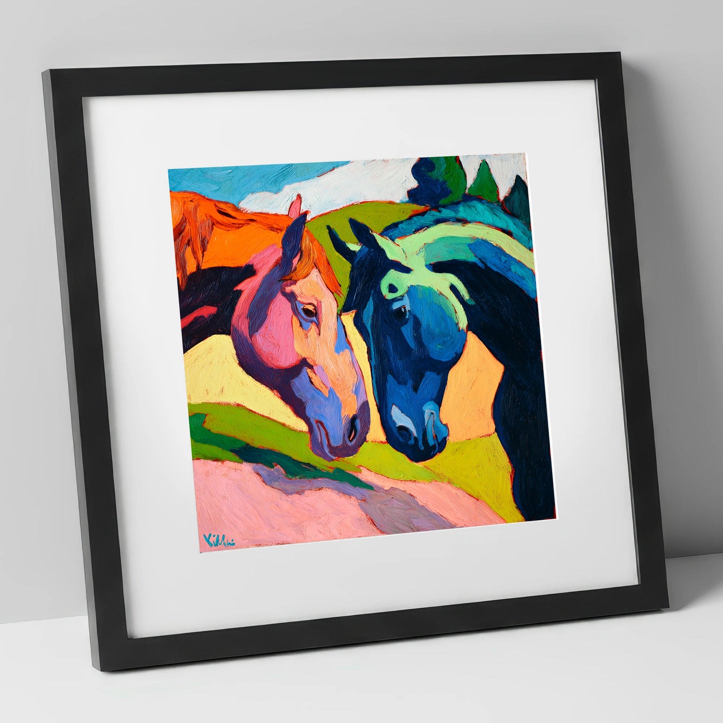 Vibrant Equine Connection horse portrait art print in black frame