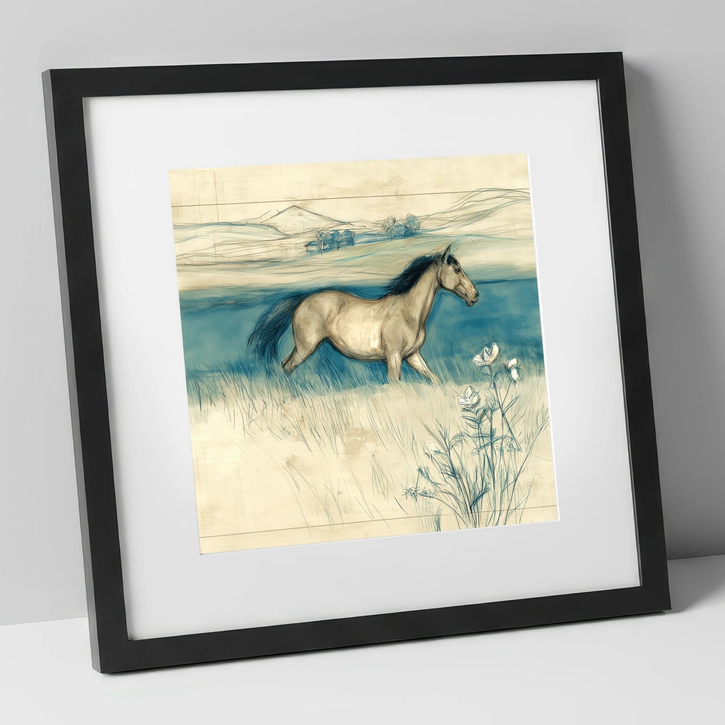 Teal Horizon Canter horse landscape art print in black frame