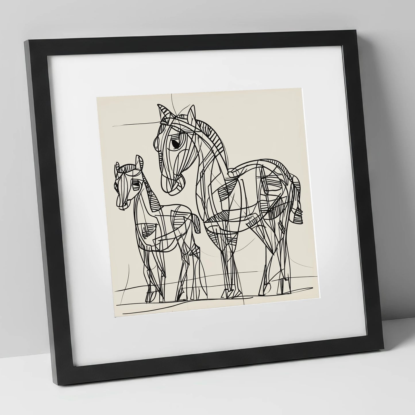Linear Equine Bond mare & foal art print in black frame