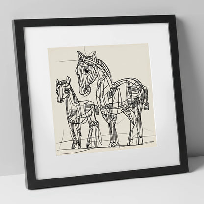 Linear Equine Bond mare & foal art print in black frame