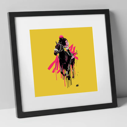 Neon Gallop racing horse art print in black frame