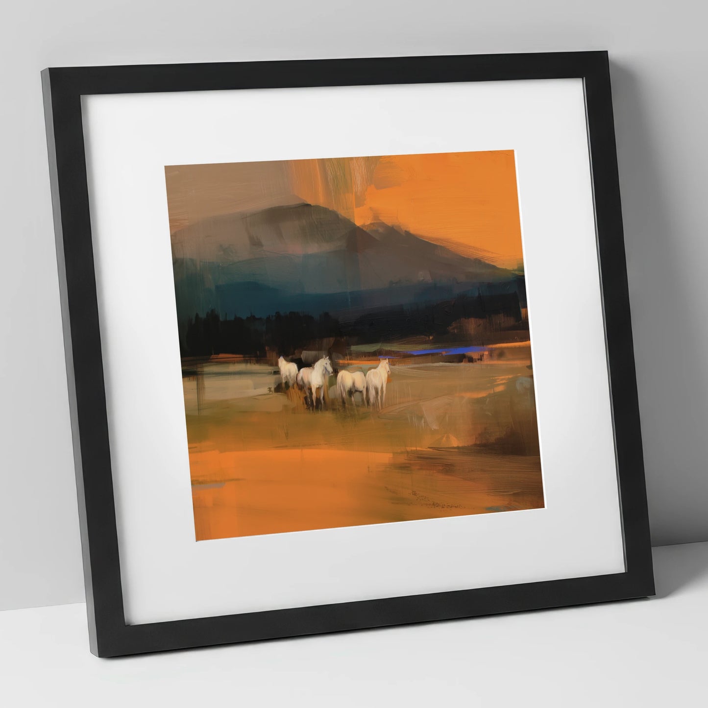 Amber Valley Greys wild horses art print in black frame