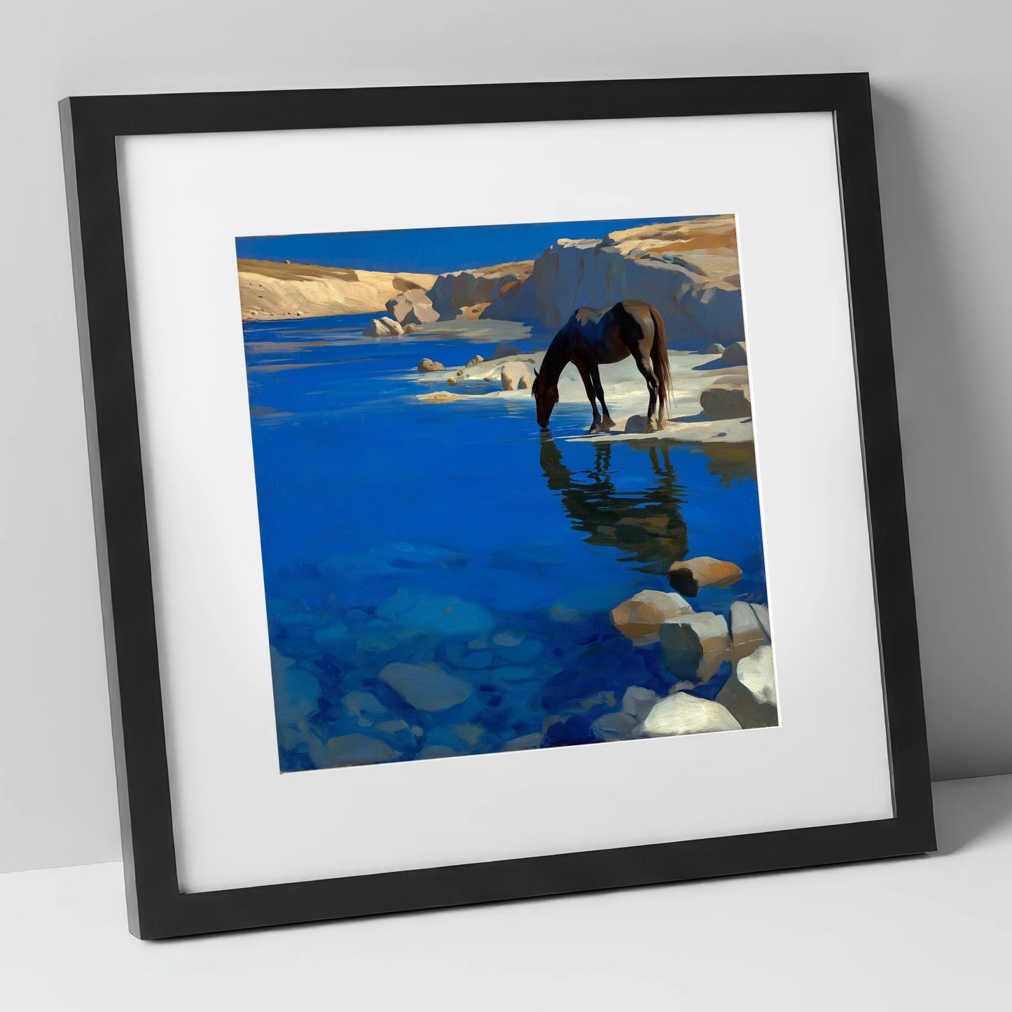 Ultramarine Oasis horse landscape art print in black frame