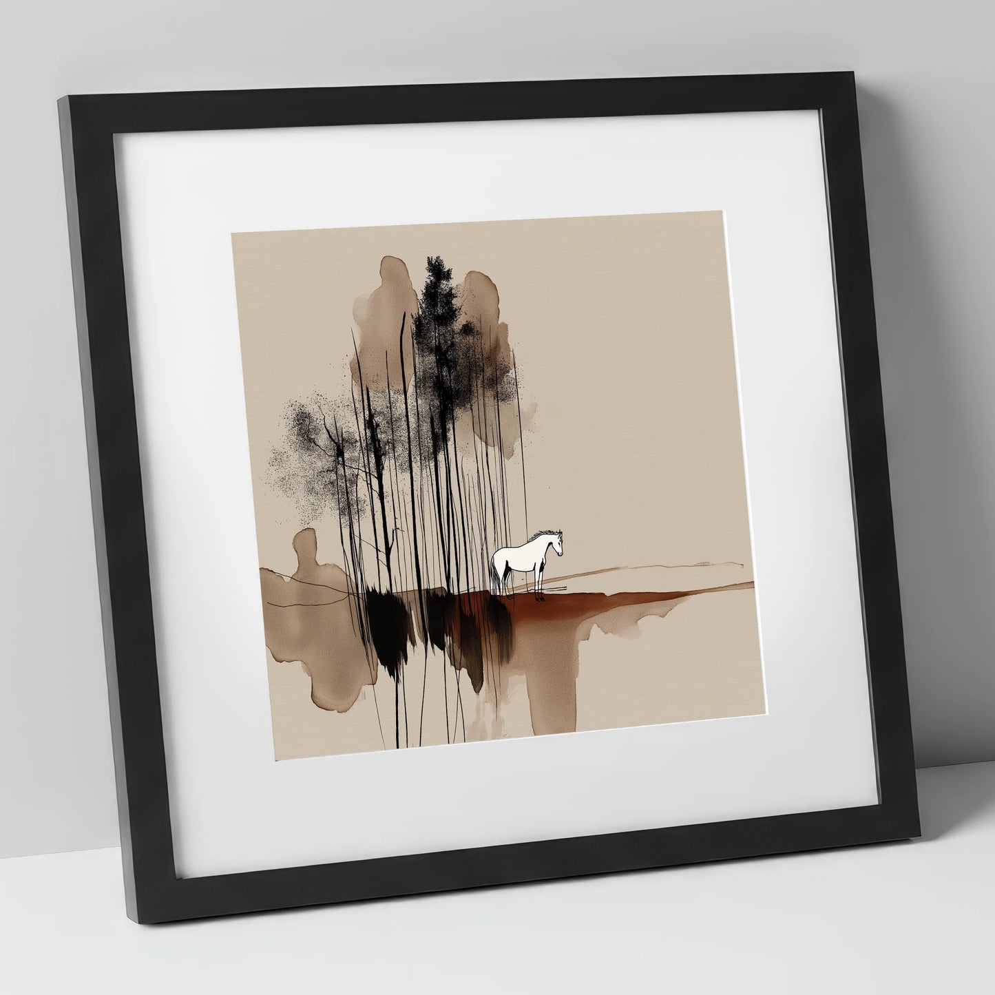Sepia Solitude horse landscape art print in black frame