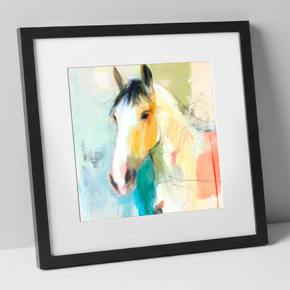 Quiet Grace in Ochre horse portrait art print in black frame