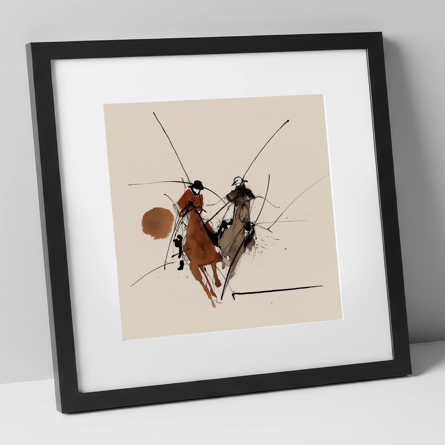 The Ride-Off polo horse art print in black frame