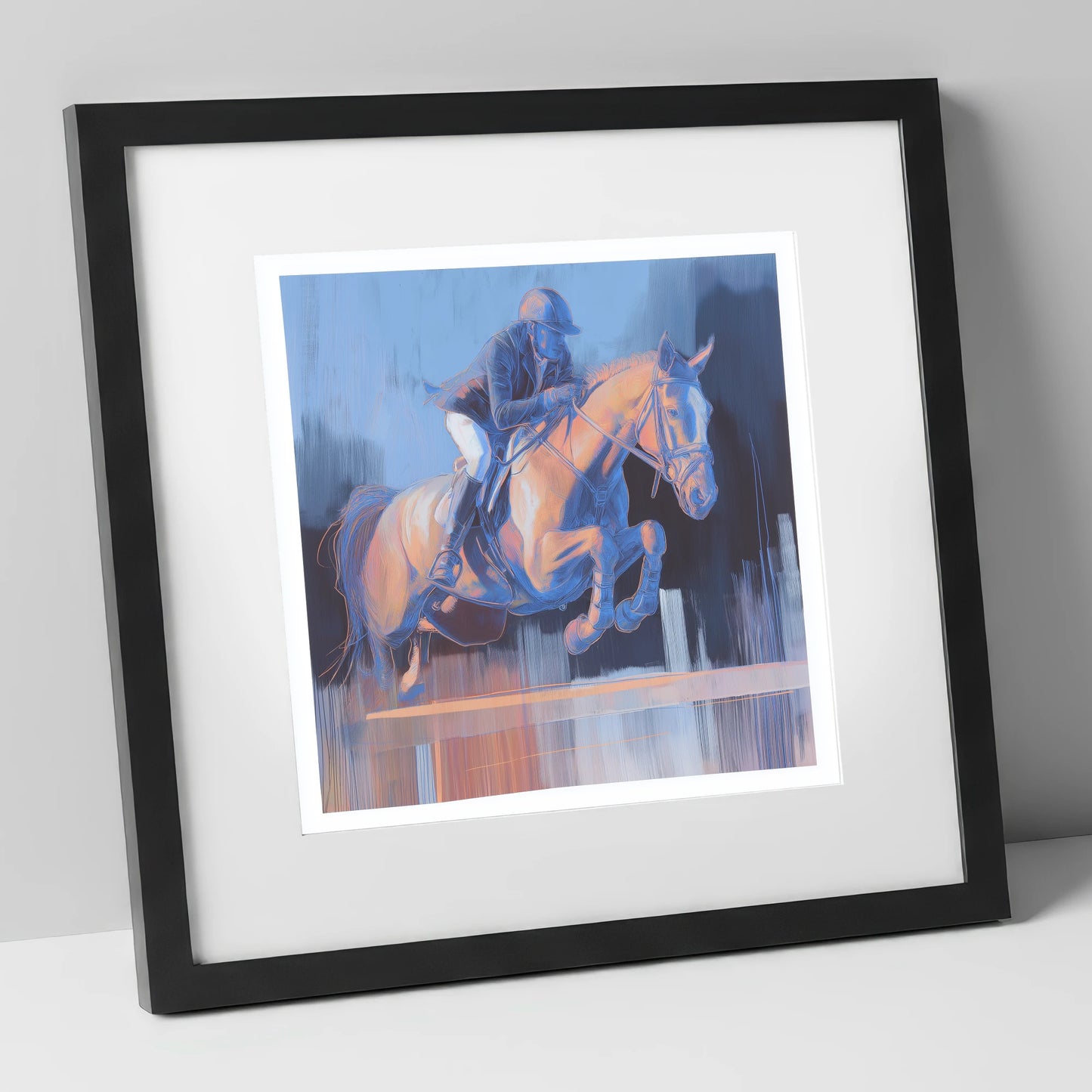 Cobalt Ascent show jumping horse art print in black frame