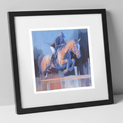 Cobalt Ascent show jumping horse art print in black frame