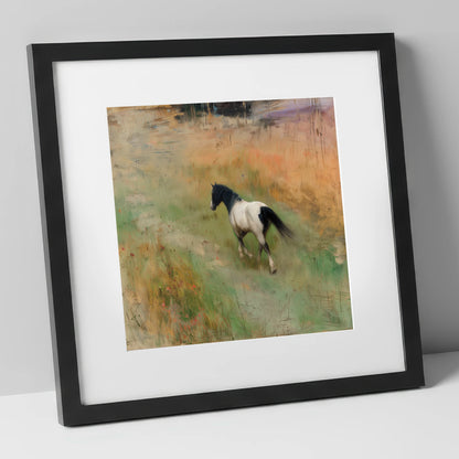 Wandering Piebald horse landscape art print in black frame