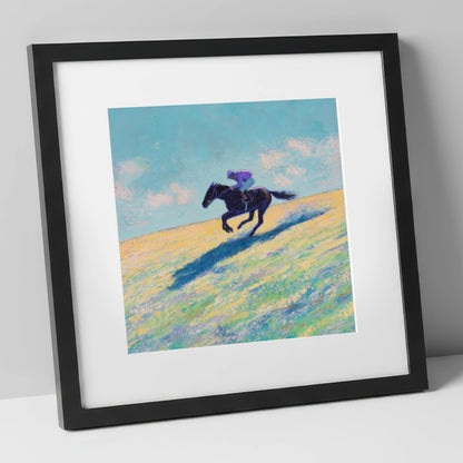 Gallop Across Gold racing horse art print in black frame