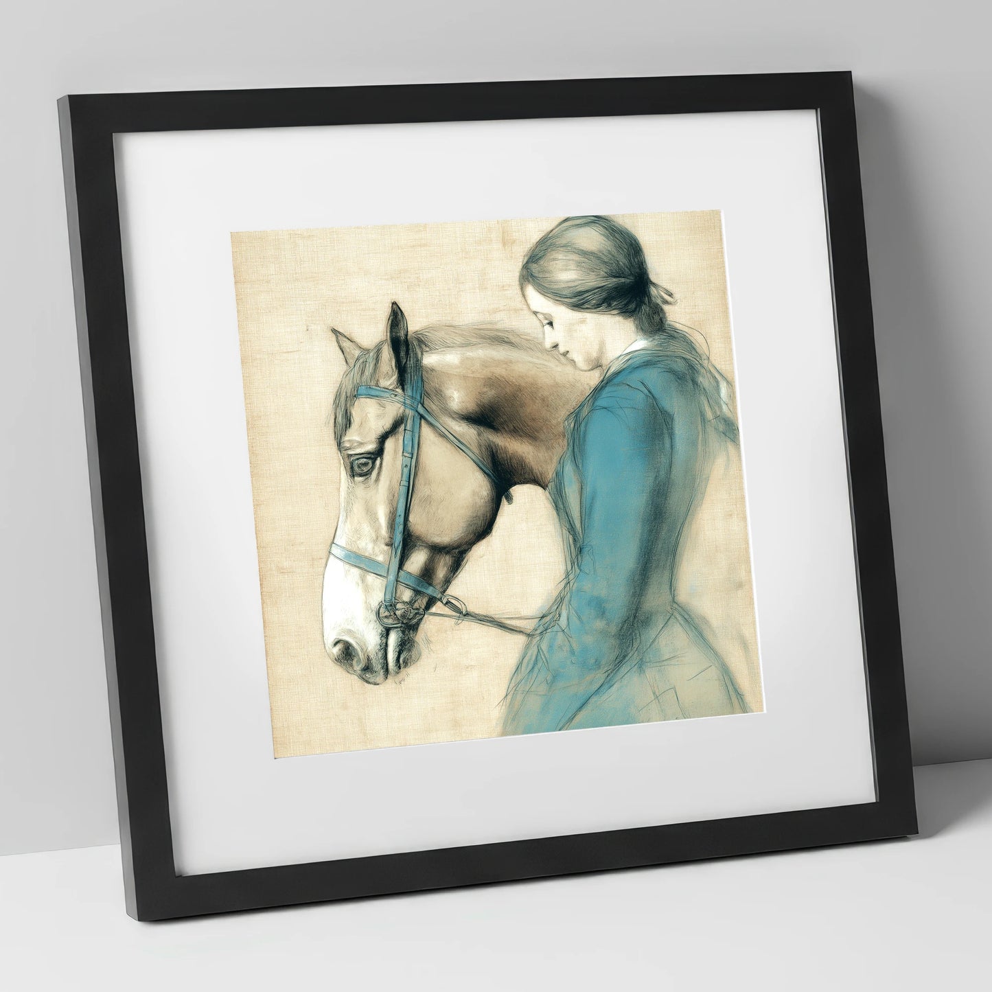 The Silent Bond horse & rider art print in black frame