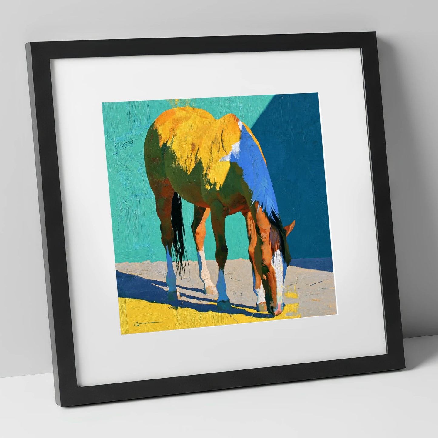 Grazing Horse in Vibrant Light horse breed art print in black frame