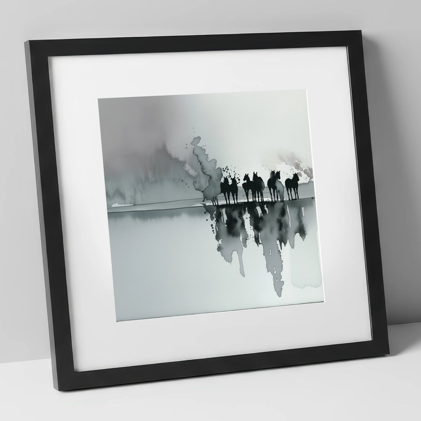 Monochrome Mist Herd wild horses art print in black frame
