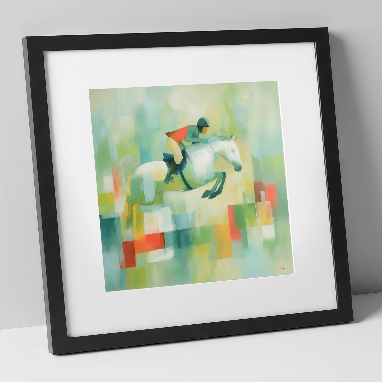 Clearing the Colours show jumping horse art print in black frame
