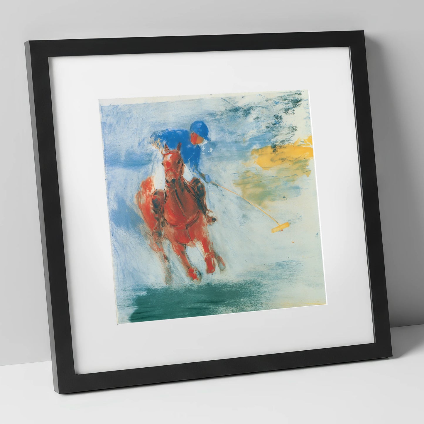 Midfield Strike polo horse art print in black frame