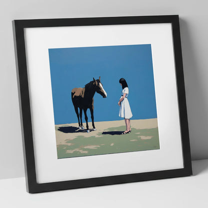 The Stillness Between Us horse & rider art print in black frame