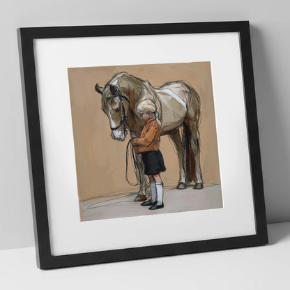 Gentle Companionship horse & rider art print in black frame