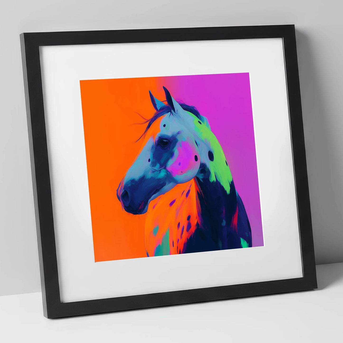 Neon Appaloosa Portrait horse breed art print in black frame