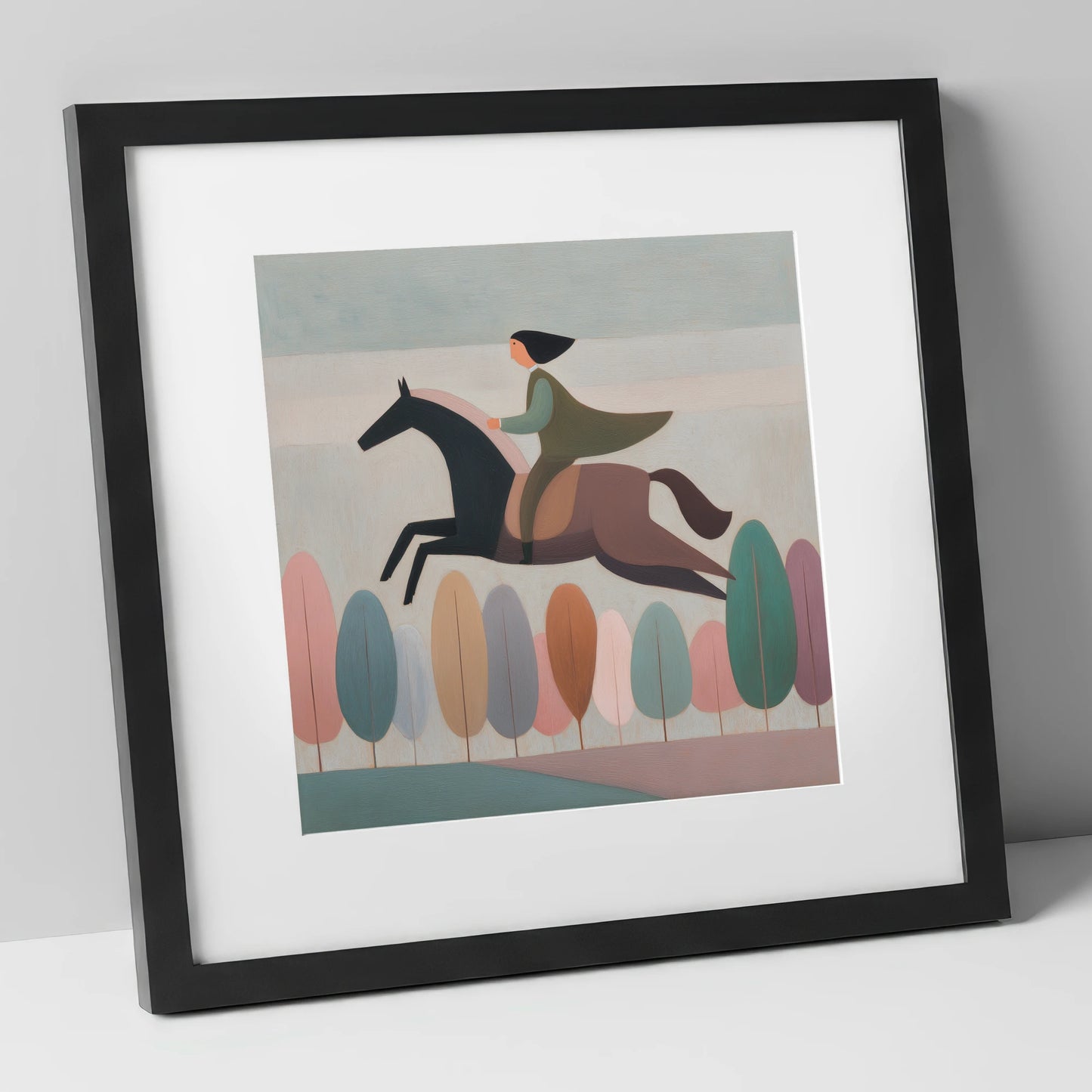 Above the Canopy show jumping horse art print in black frame
