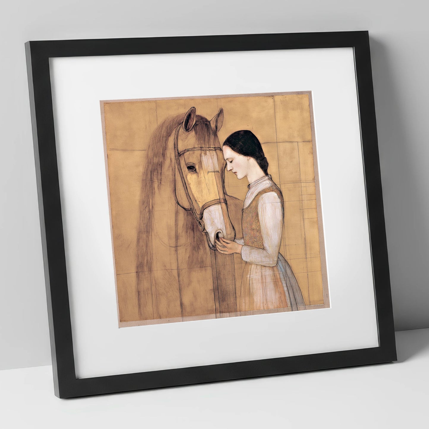 Quiet Connection horse & rider art print in black frame