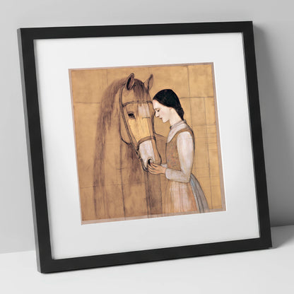 Quiet Connection horse & rider art print in black frame