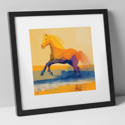 Vivid Coastal Bound beach horse art print in black frame