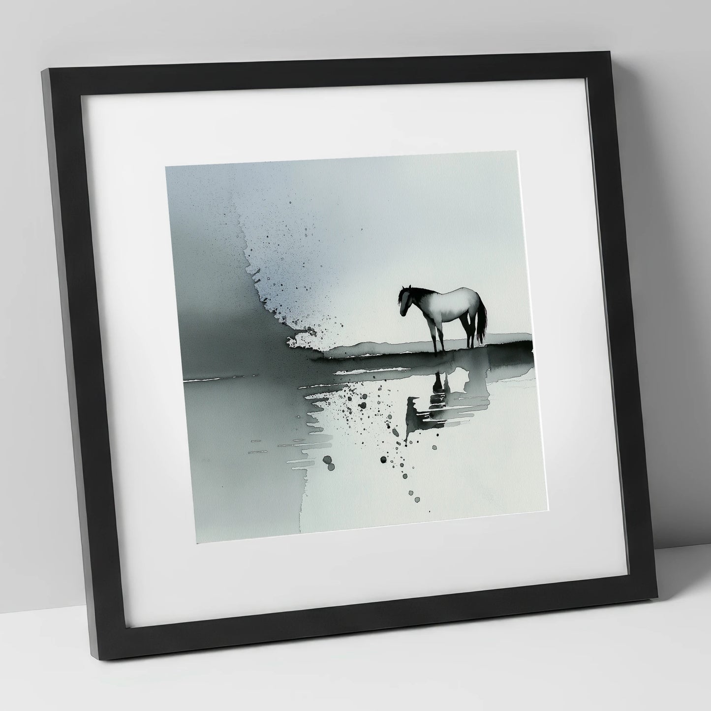 Stillness in Grey horse landscape art print in black frame