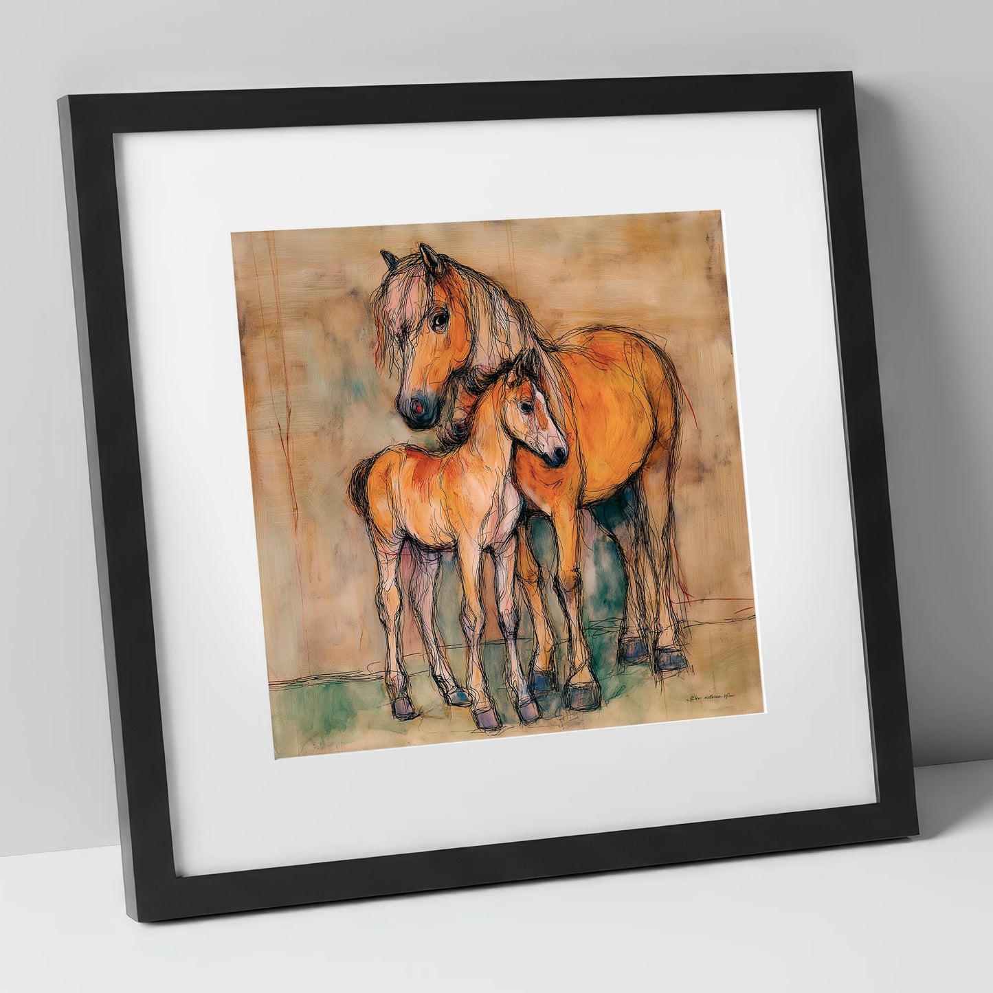 Tender Earth Bond mare & foal art print in black frame