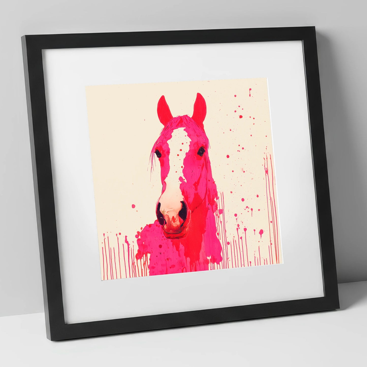 Vibrant Magenta Blaze horse portrait art print in black frame