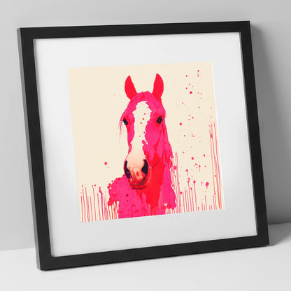Vibrant Magenta Blaze horse portrait art print in black frame