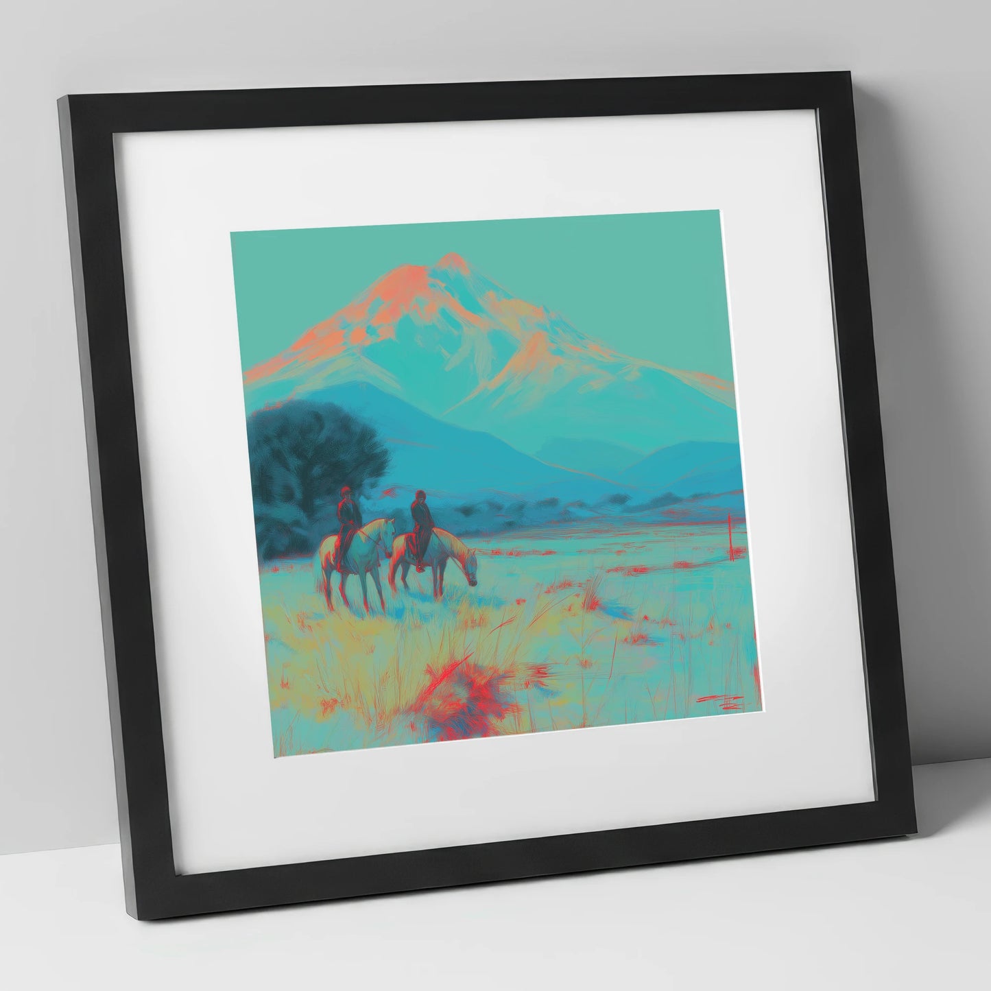 Electric Mountain Hack horse landscape art print in black frame