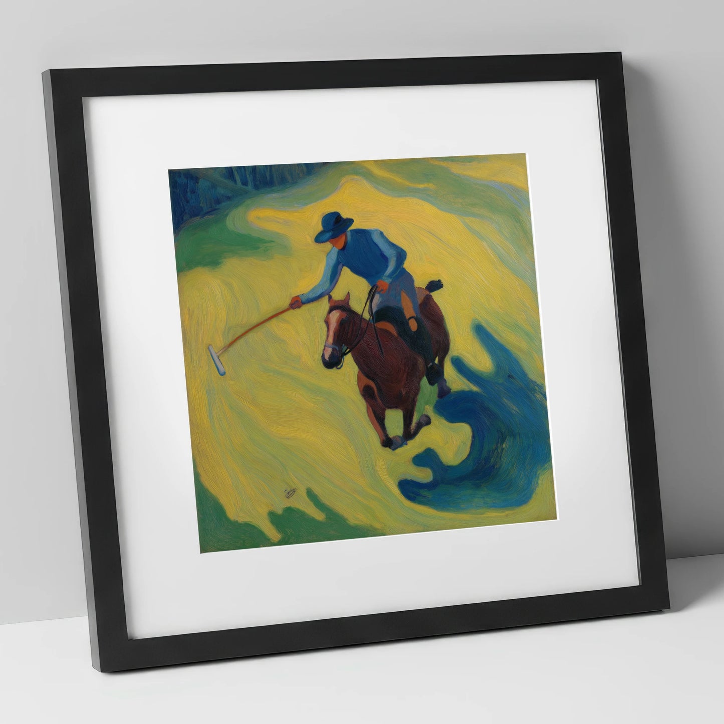 Sunlit Polo Swing polo horse art print in black frame