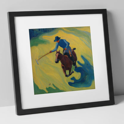 Sunlit Polo Swing polo horse art print in black frame