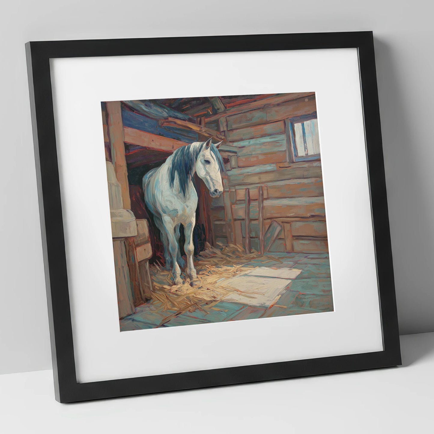 Peaceful Stable Morning horse stable art print in black frame