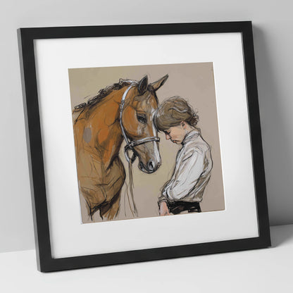 Silent Devotion horse & rider art print in black frame