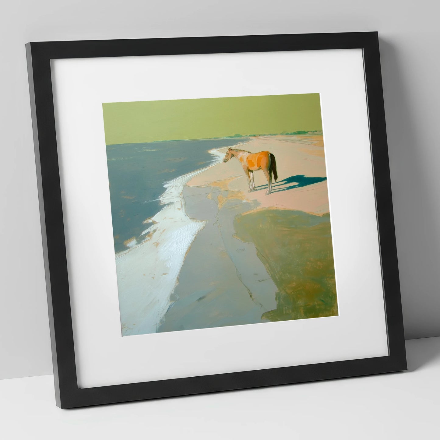 Shoreline Solitude horse landscape art print in black frame