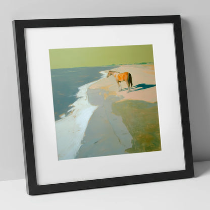 Shoreline Solitude horse landscape art print in black frame