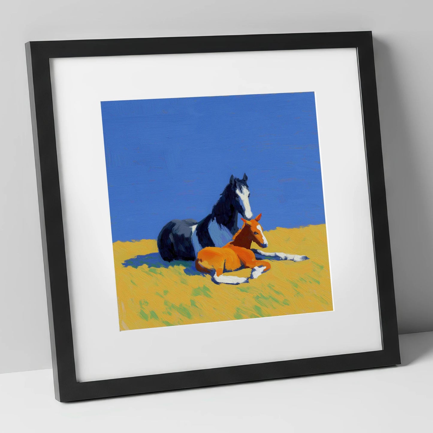Sun-Drenched Bond mare & foal art print in black frame