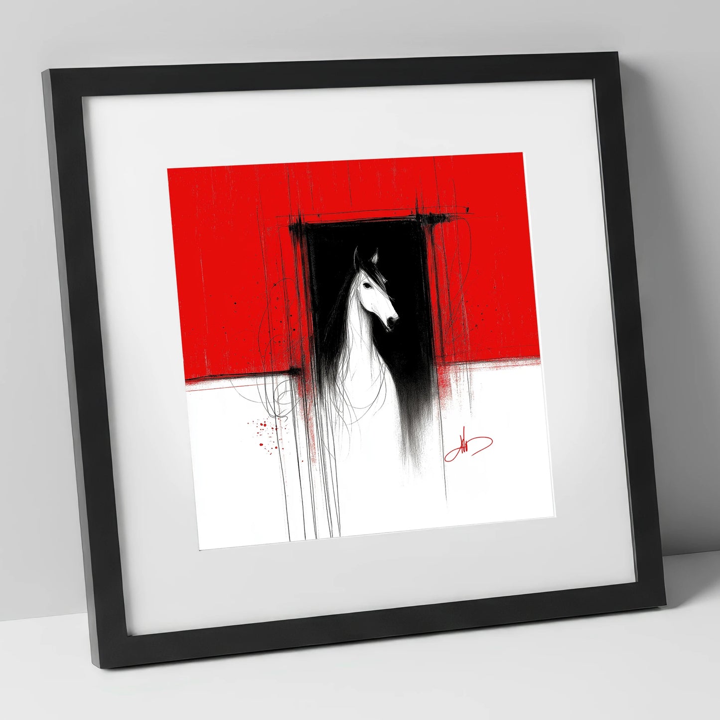 The Crimson Doorway horse stable art print in black frame