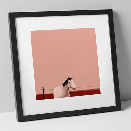 Dusty Rose Horizon horse portrait art print in black frame