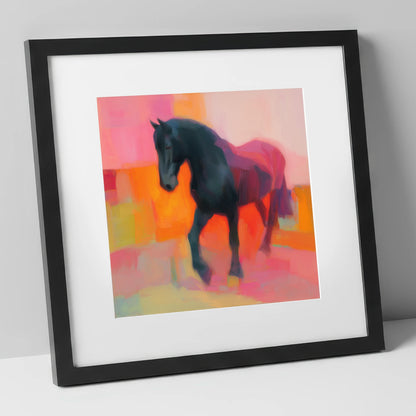 Charcoal and Coral Stride horse breed art print in black frame