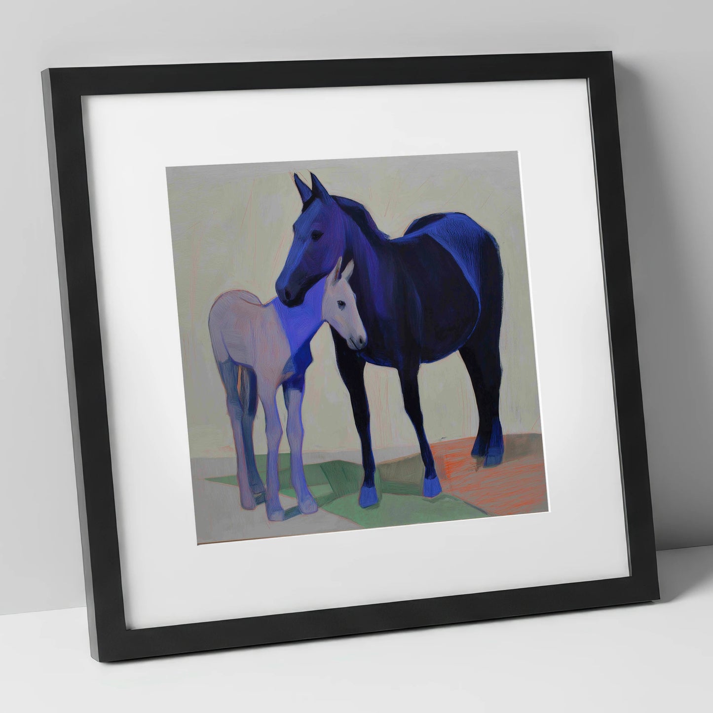 Indigo Embrace mare & foal art print in black frame