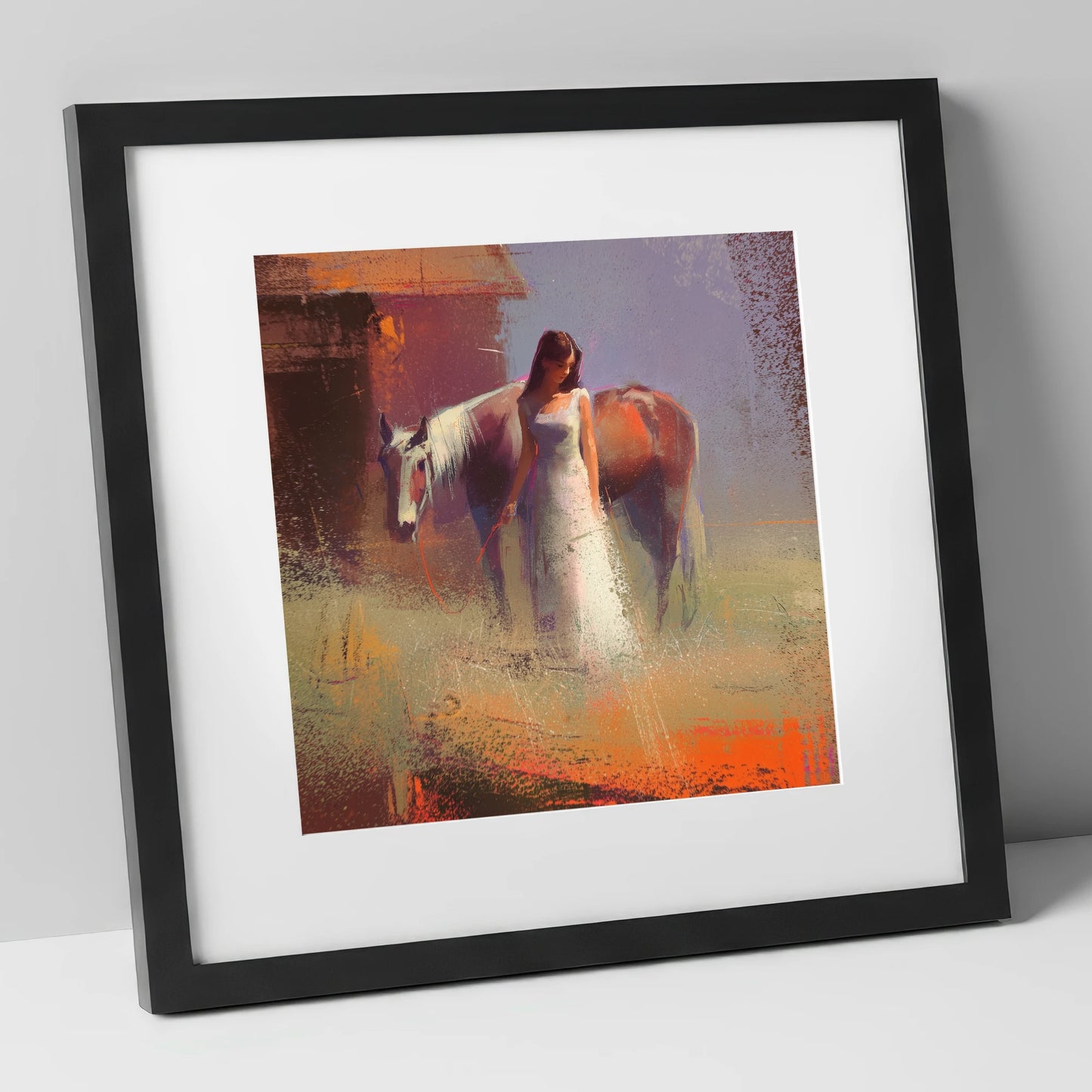 A Quiet Bond horse & rider art print in black frame