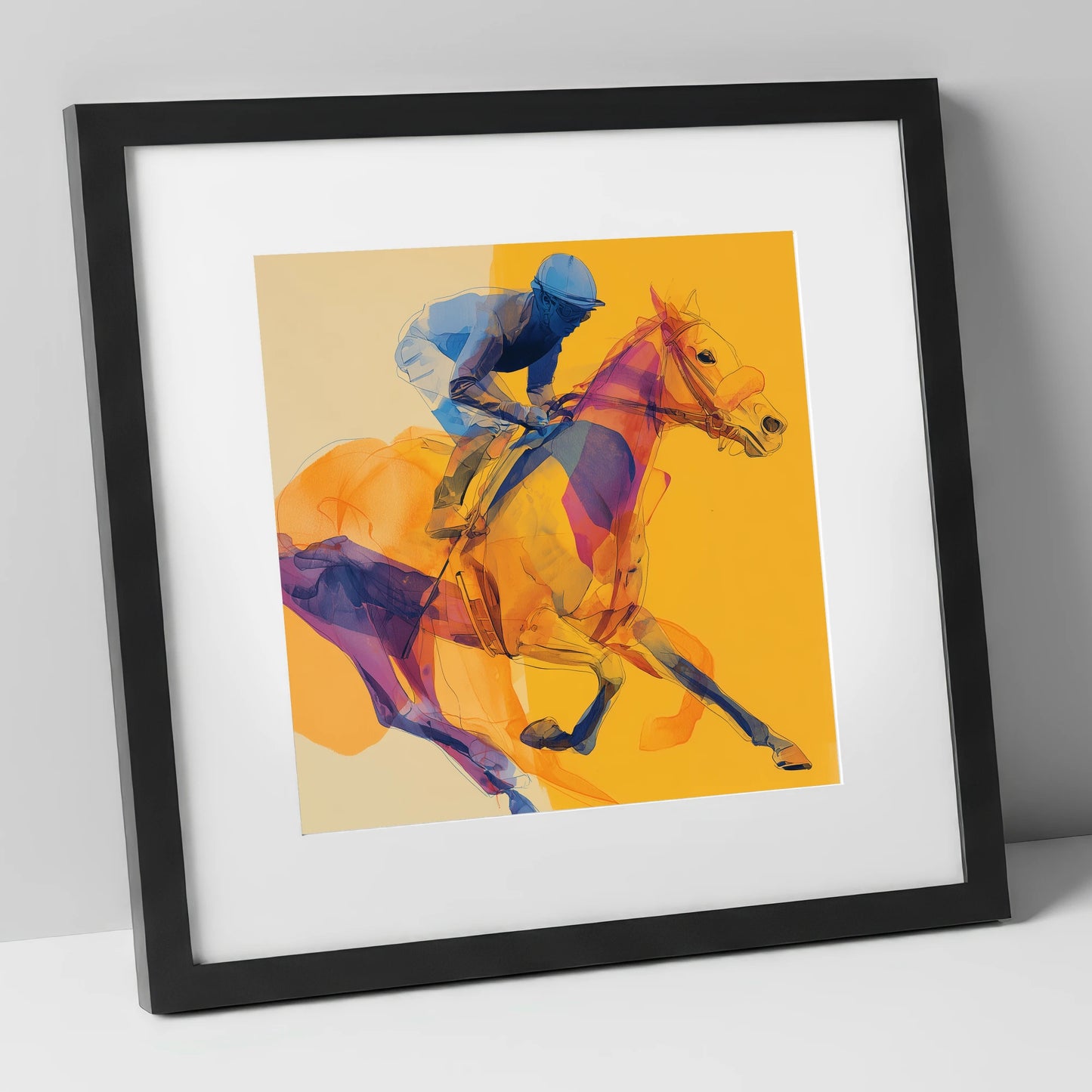Cobalt Racing Stride racing horse art print in black frame