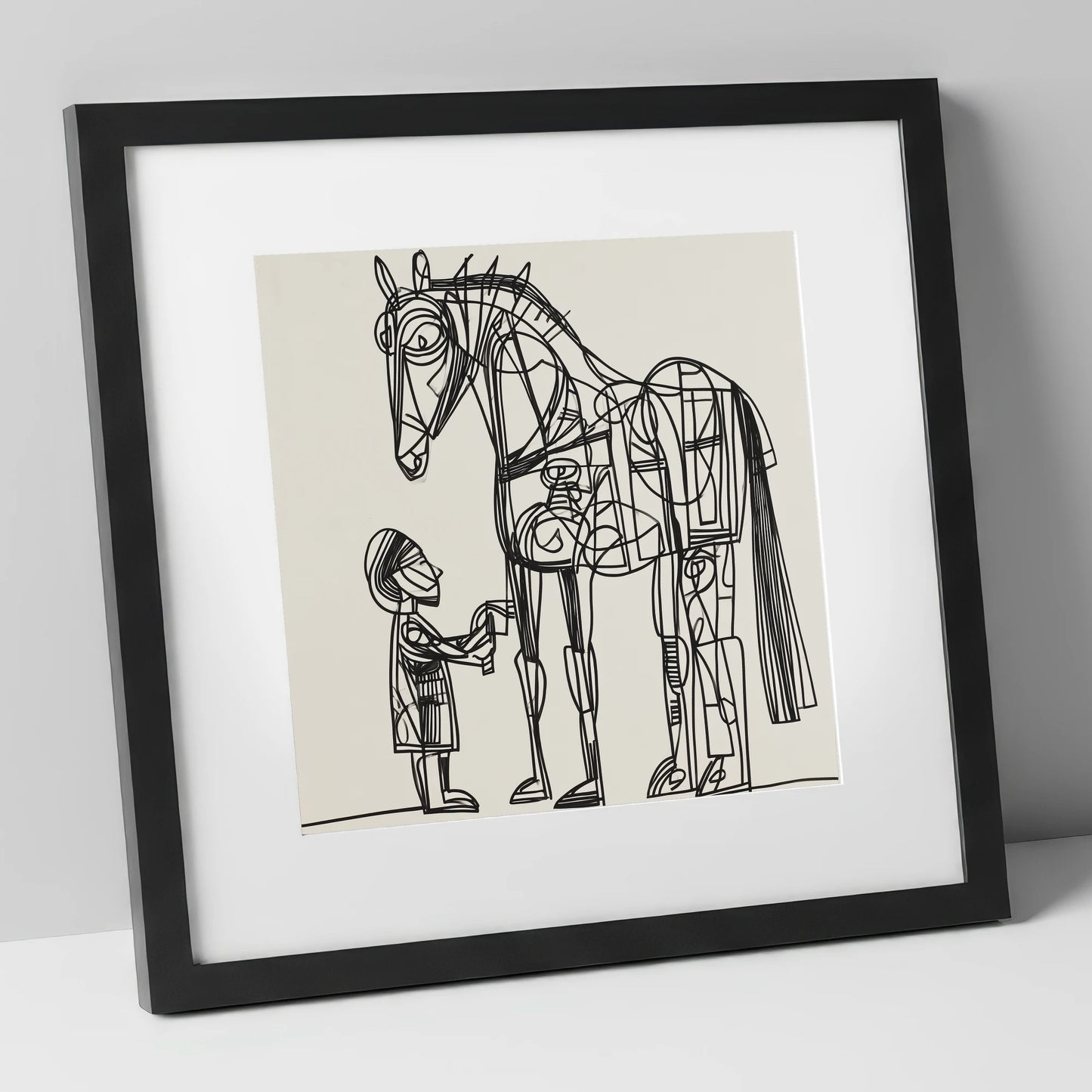 Linear Harmony horse & rider art print in black frame