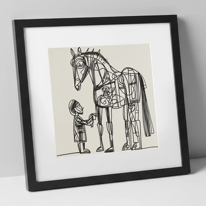 Linear Harmony horse & rider art print in black frame