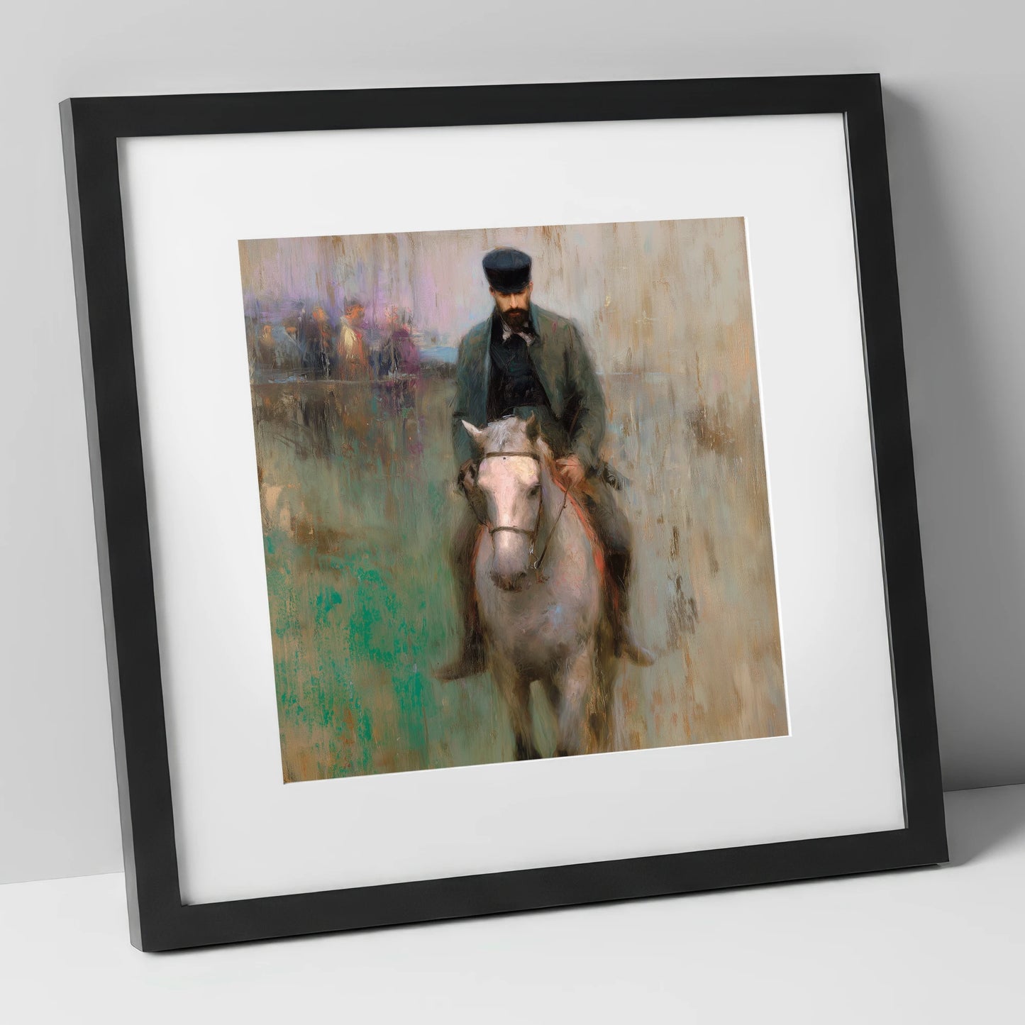 The Morning Work racing horse art print in black frame