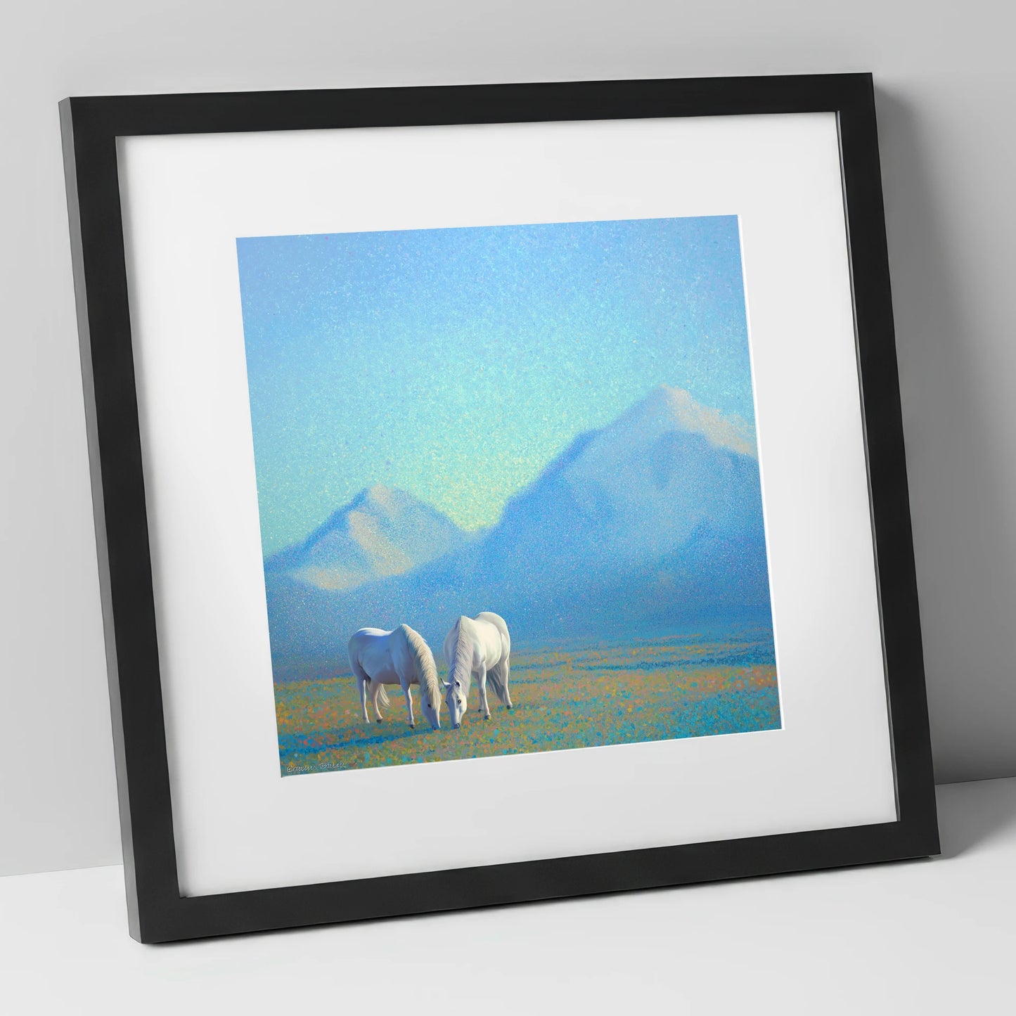 Luminous Mountain Pasture horse landscape art print in black frame
