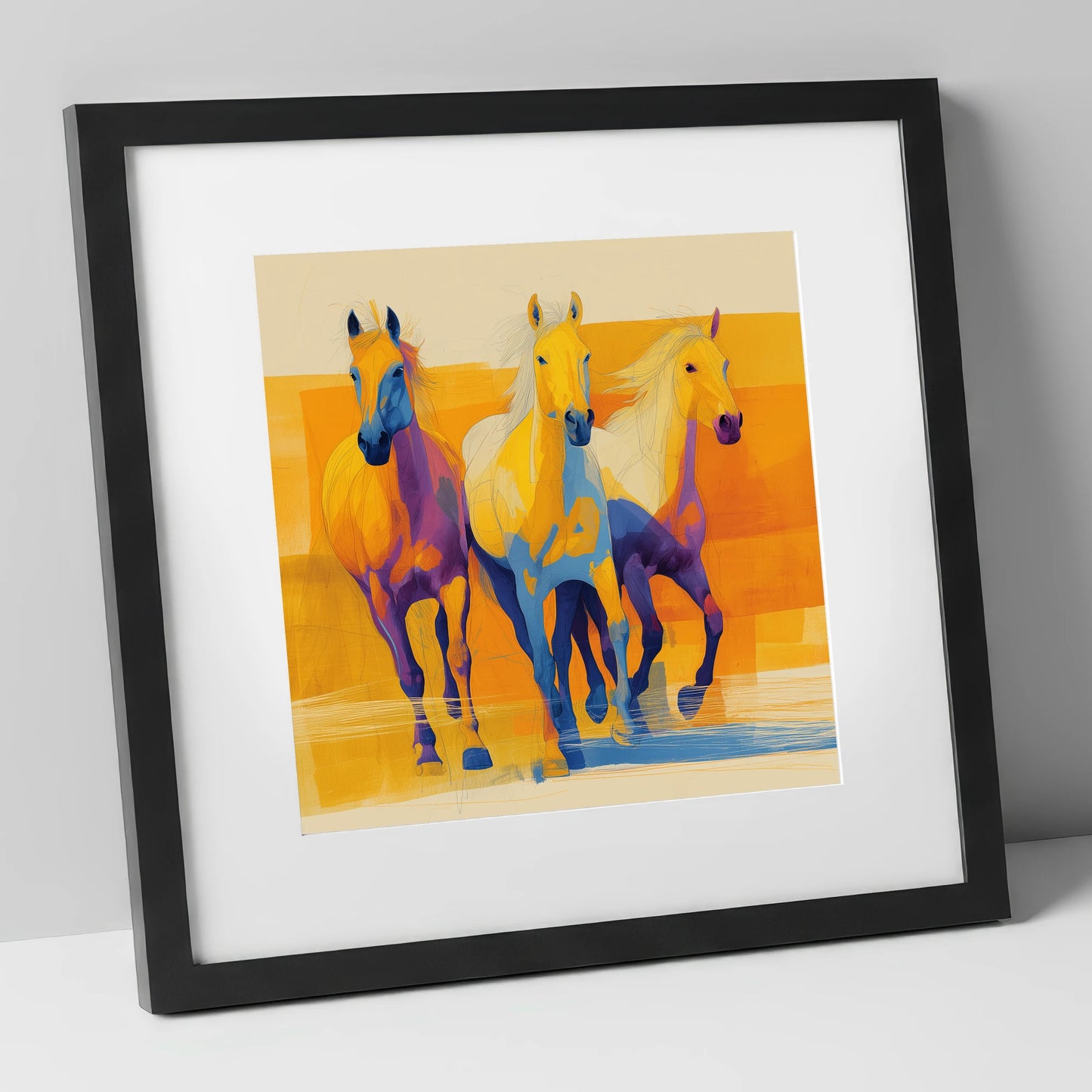 Three Vibrant Strides horse landscape art print in black frame
